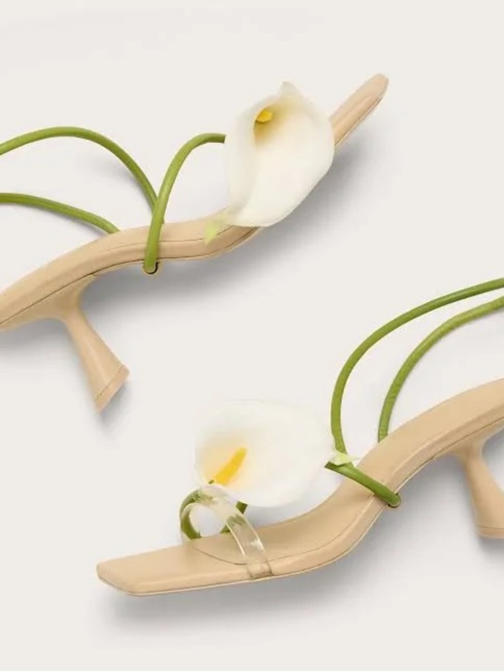 cult gaia Beige Floral Calla Lily Strappy Heels with Green Accents